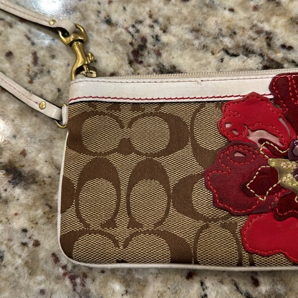Coach Brown on Brown Logo Wristlet with Suede Flowers - Picture 3 of 5